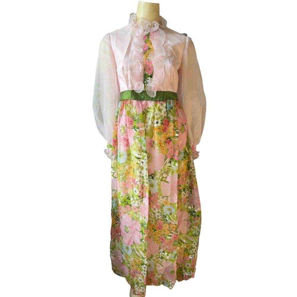 Vintage 60s Sylvia Ann Hippy Floral Boho Cottagecore Spring Maxi Dress S Small